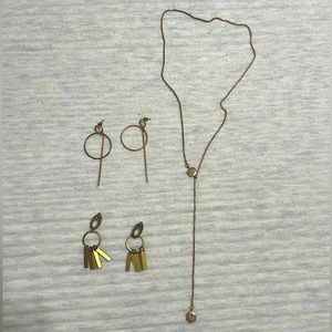 2 Geometric brass/gold drop earrings and one dangling necklace
